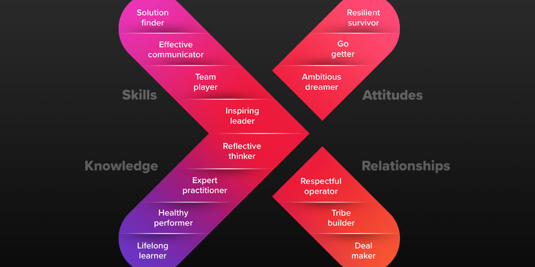 A screenshot of the X model of Success, labelled with Skills, Attitudes, Knowledge and Relationships