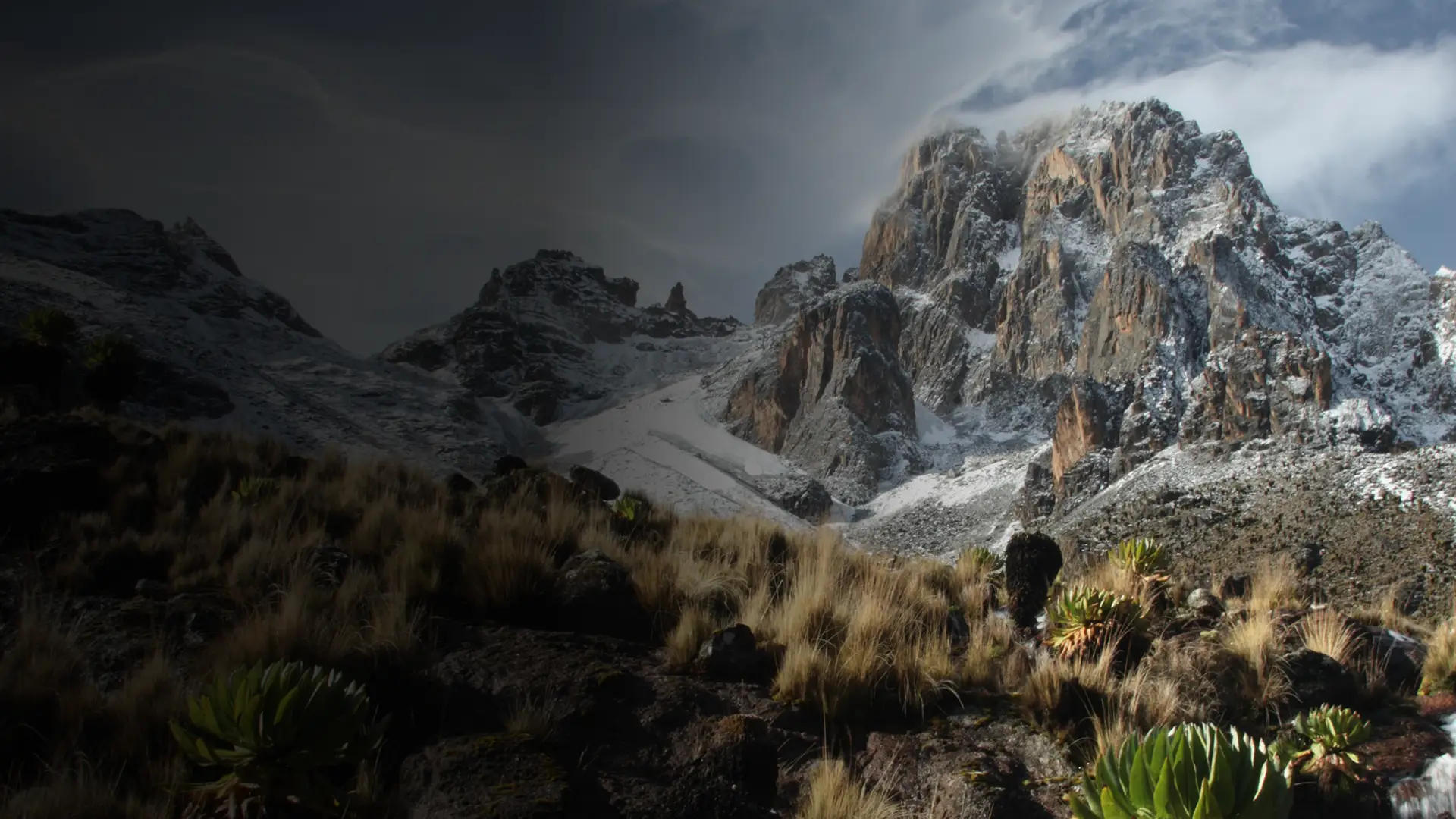 Looking up at a snow covered Mount Kenya