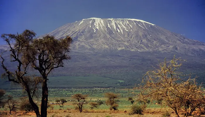 A snow-topped Mount Kilimanjaro, Tanzania, in the distance across the African plain.