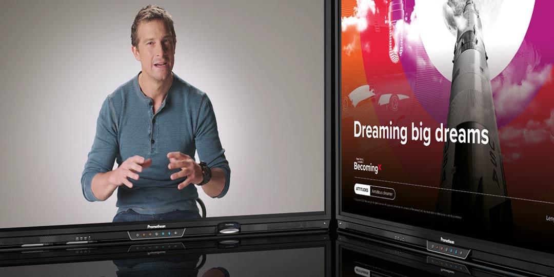 A screenshot of Bear Grylls speaking in a film, displayed on a television screen